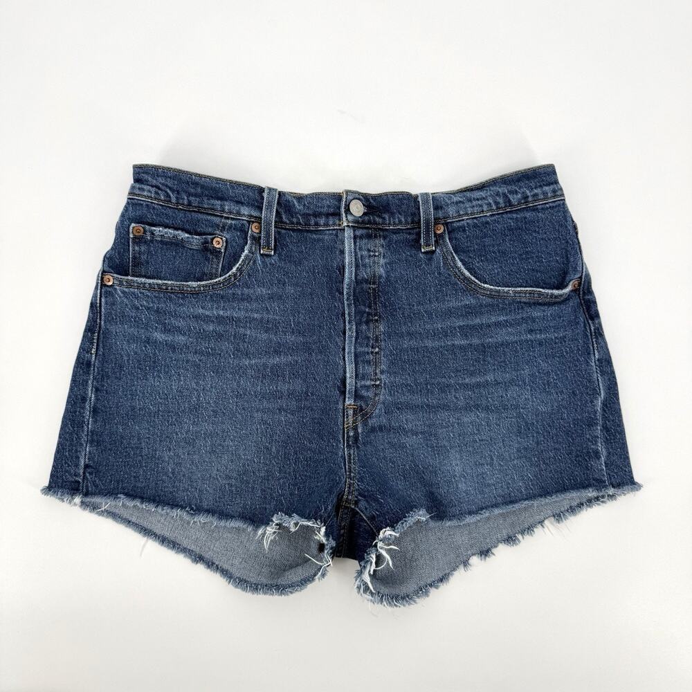 Levis 501 Jean Shorts Womens 33 Denim Button Fly Cut Off Stretch Medium Wash